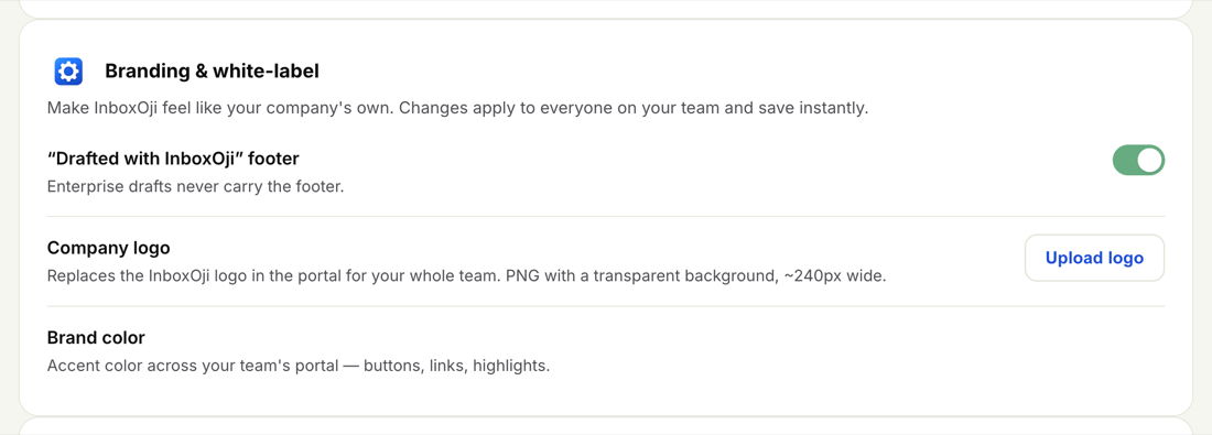 The Branding and white-label settings showing the 'Drafted with InboxOji' footer toggle, a Company logo upload, and a Brand color picker.