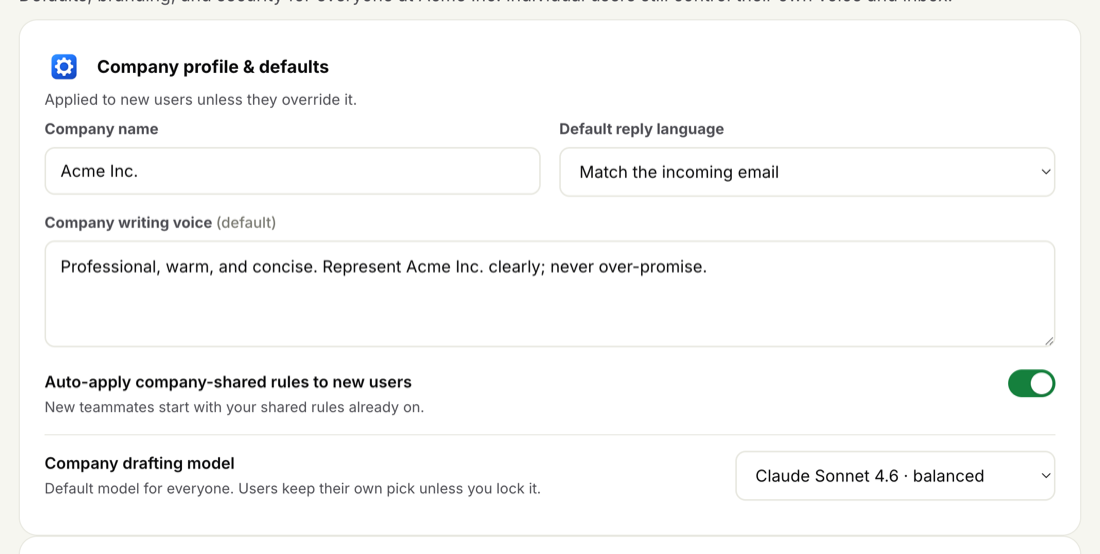 Company profile and defaults: company name, default reply language, company writing voice, the auto-apply shared rules to new users toggle, and the company drafting model.
