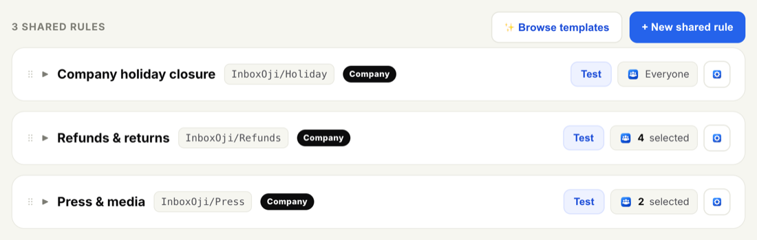 The admin Shared rules page listing each rule with a Company tag, an applies-to setting, and a Test button, plus New shared rule and Browse templates buttons.