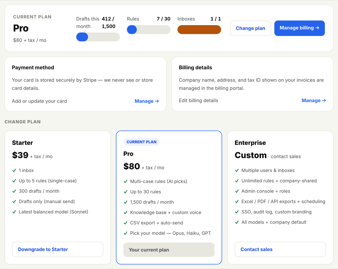 The Billing page showing the current Pro plan, payment method and billing details, and three plan cards for Starter, Pro, and Enterprise.