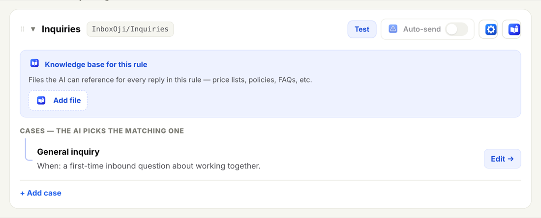 An expanded rule named Inquiries showing its When description and an Add rule button