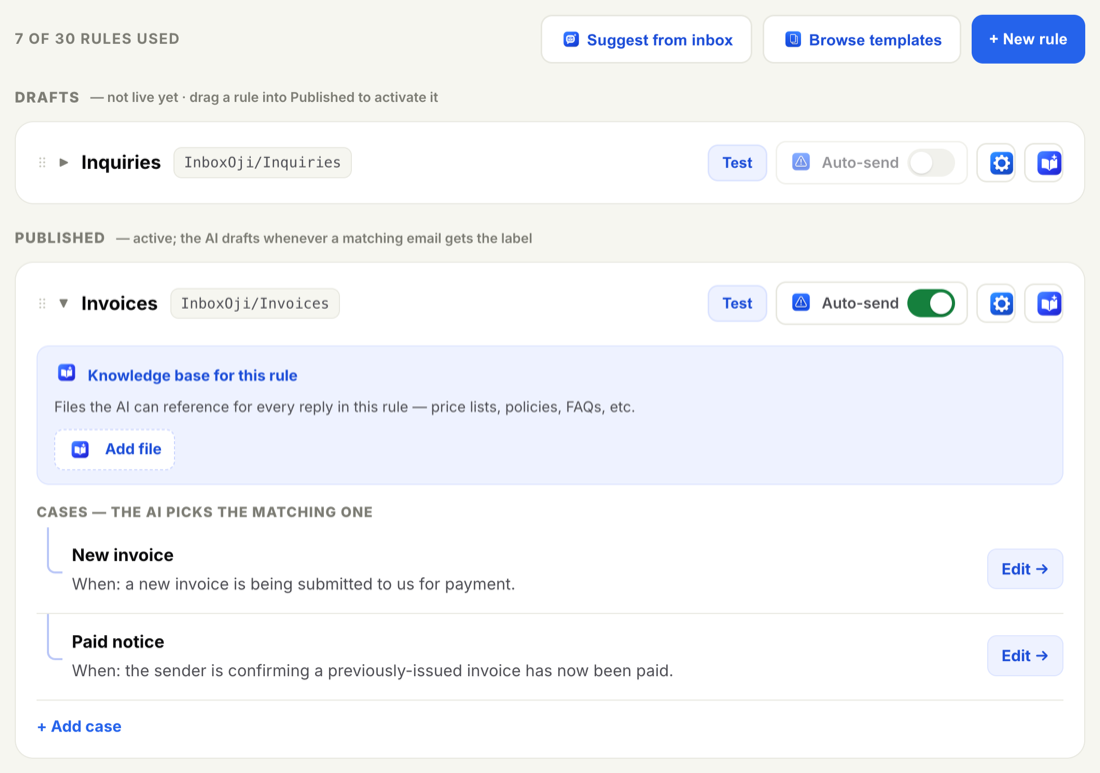The Rules page with a Drafts section and a Published section, with the live Invoices rule expanded to show its knowledge base.