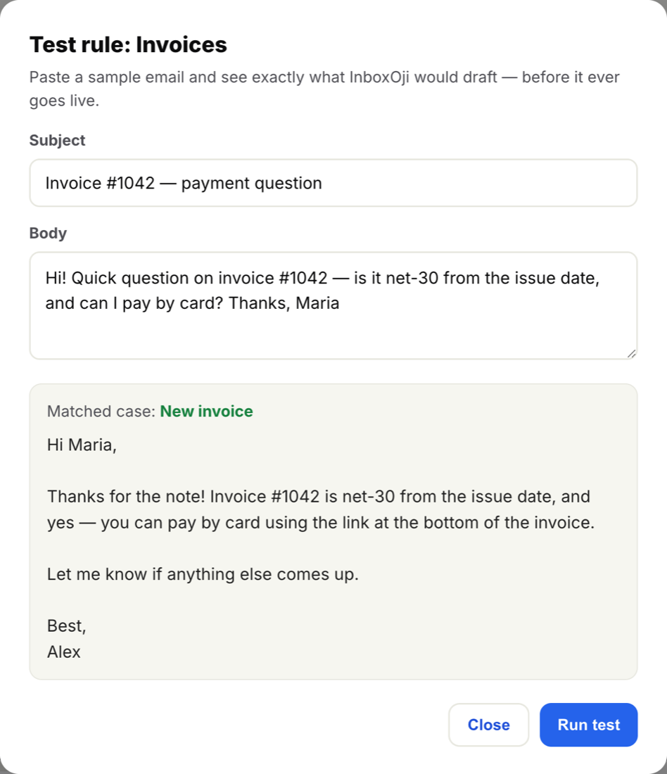 The Test panel showing a pasted sample invoice email, the matched rule New invoice, and the draft reply InboxOji would write.