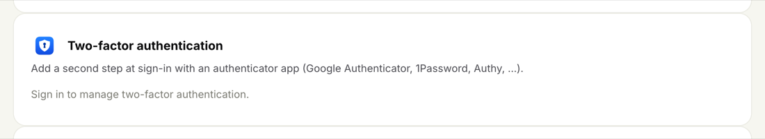 The Two-factor authentication section in Settings, with the option to turn it on.