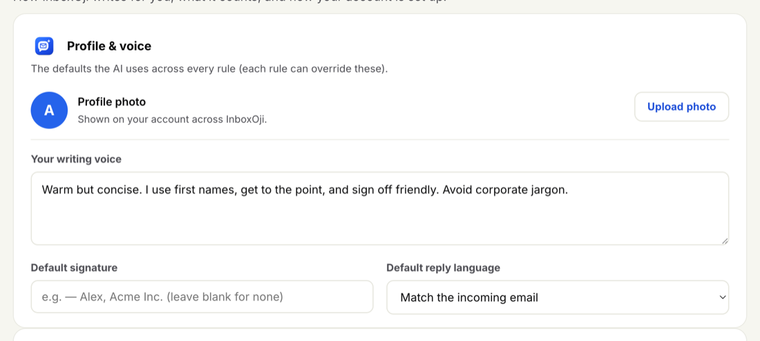 Settings, Profile and voice section, showing the name field and a large writing-voice text box describing tone and style.