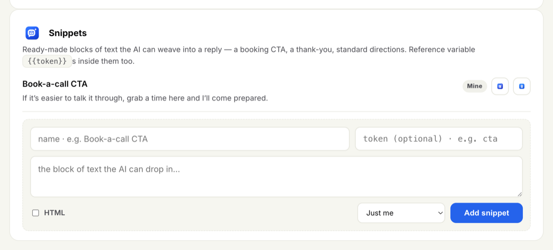 The Snippets editor showing a saved Book-a-call CTA snippet and a form to add a new snippet with a name, an optional token, and a text block