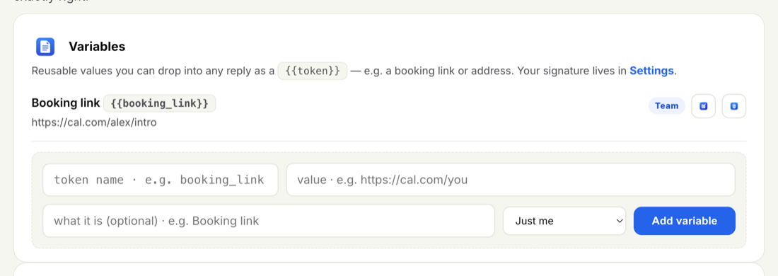 The Variables editor showing a saved booking_link variable with its value and a Team scope tag, alongside the form for adding a new variable.